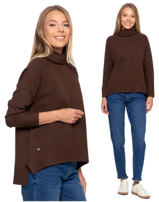 Productafbeelding van Damespullover - elegante coltrui, maat L/XL - modieuze bruine trui - zachte gebreide trui
