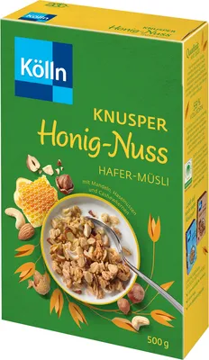 A product shot of a box of Kölln Müsli Knusper Honig-Nuss.