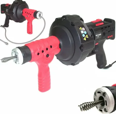 A product shot of a pipe cleaning device with a coiled metal auger extending from the front.