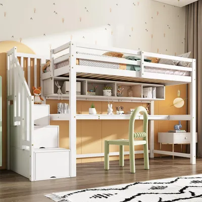 Image de Lit superposé pour enfant, 90x200 cm, type cabane avec escalier et bureau, couleur blanche