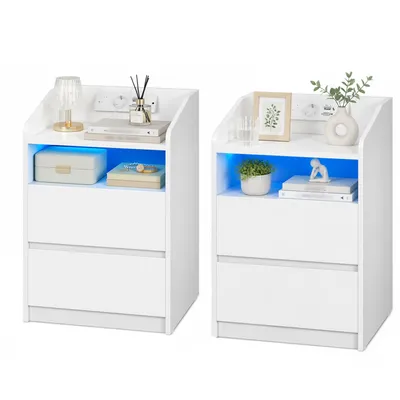 Produktbild von Nachttisch 2er Set, Beistelltisch mit 2 Schubladen, 2 AC-Steckdosen, 2 USB-A-Anschlüsse, LED-Beleuchtung, Offenes Fach, Modern, Schlafzimmer