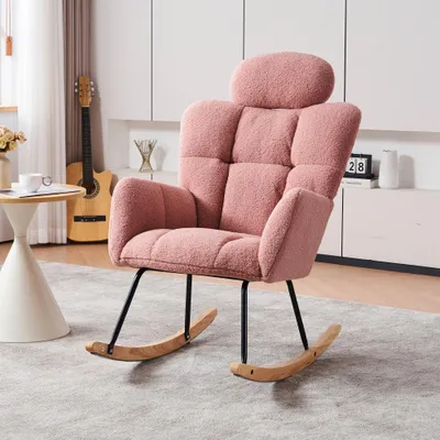 Image de Fauteuil à bascule en tissu polaire doux avec boutons - Fauteuil relax rose