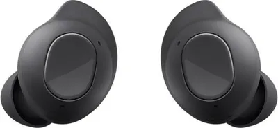A pair of black wireless earbuds is shown against a white background.