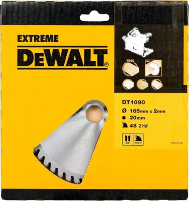 The image shows the packaging of a Dewalt DT1090-QZ plunge saw blade. The packaging is yellow and black and features the Dewalt logo, product specifications, and an illustration of the blade. A close-up of the blade itself is also visible.
