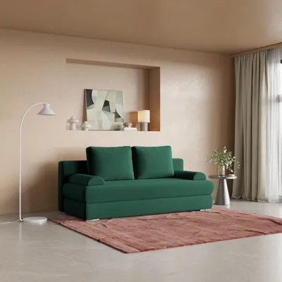 Produktbild von Sofa ASPERO Grün Plüsch-Stoff mit Schlaffunktion, Sofa mit Bettkasten, Sofa mit Bettkasten, Wohnzimmersofa, Couch, Soffa, Bettsofa, Couchgarnitur- Grün, KRONOS 19