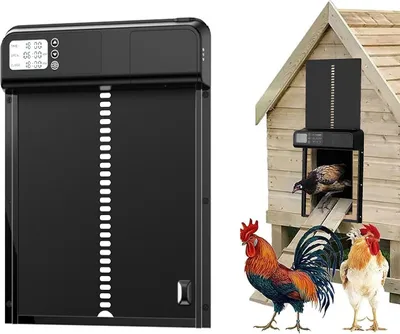 A product image showing an automatic chicken coop door and a chicken coop with chickens.