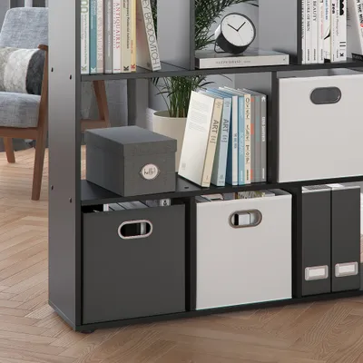 A black shelving unit with various items on its shelves, including books, storage boxes, and decorative items.