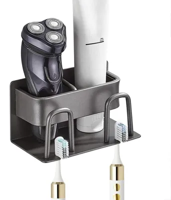 Immagine prodotto di Porta spazzolini da denti da parete, grigio, in alluminio, senza foratura, multifunzionale