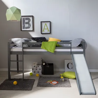 Produktbild von Homestyle4u 1862, Kinderbett 90x200 Grau, Hochbett mit Rutsche, Holz Kiefer