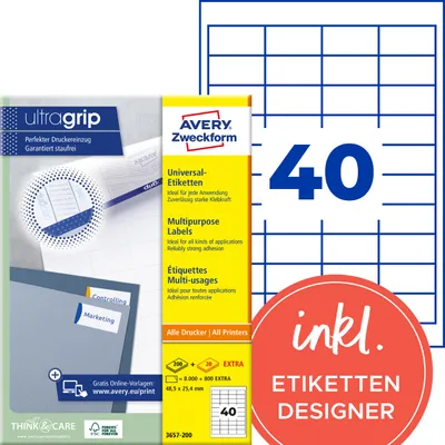 Produktbild von Avery Zweckform 3657-200, Universal-Etiketten, A4, Qualitätsdruck mit: ultragrip, 48,5 x 25,4 mm, 8.800 Etiketten / 220 Bögen, weiß