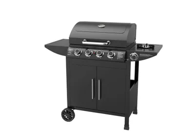 A black gas grill is shown against a white background.