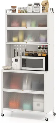 Immagine prodotto di KOMFOTTEU: mobile da cucina a 6 ripiani, credenza con 4 ganci e 10 tasselli, mobile da cucina con piano di lavoro e ante, credenza da cucina con 4 rotelle universali (80 x 40 x 178 cm, bianco)