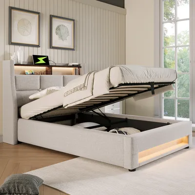 Produktbild von Polsterbett 90x200 cm Hellbeige aus Leinenmaterial mit LED und 2 USB-Anschlüssen, Bettgestell mit Lattenrost für Schlafzimmer