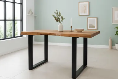Produktbild von Esstisch Baumkante Akazie massiv 50mm Natur 120 x 80 cm U-Gestell schwarz CALI