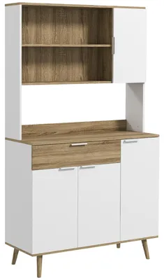 Image de Armoire de cuisine meuble de rangement 4 portes 1 tiroir design scandinave 98 x 39 x 180 cm blanc et naturel