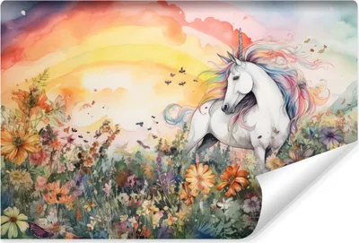 Produktbild von Muralo Vlies Fototapete für Kinder EINHORN Blumen Regenbogen Aquarell Abstraktion Br. 400cm x Hö. 280cm