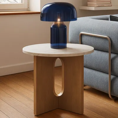 Image de Table basse moderne ronde 50 cm effet marbre bois clair - Oviala Klery