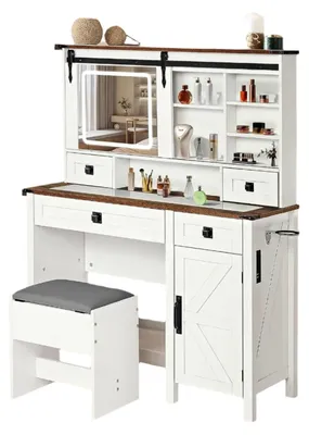 Image de Table de maquillage - Coiffeuse - Table de beauté - Meuble à maquillage - Meuble avec tiroirs - Plateau de table en verre