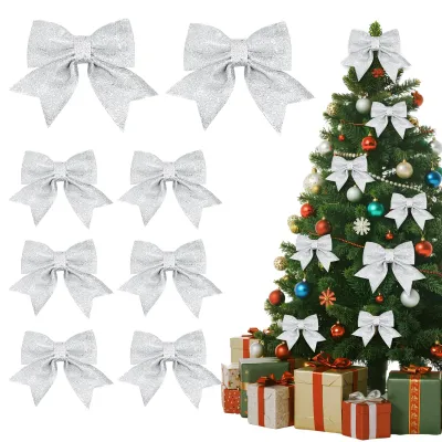 8 Weihnachts-Loopingschleifen, Glitzer, Silber, für Baum & Kranz