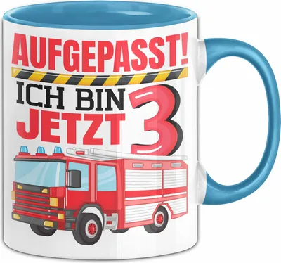 Produktbild von 3. Geburtstag Geschenk Tasse Becher Jungs Feuerwehr Aufgepasst Ich Bin Jetzt 3 (Blau)