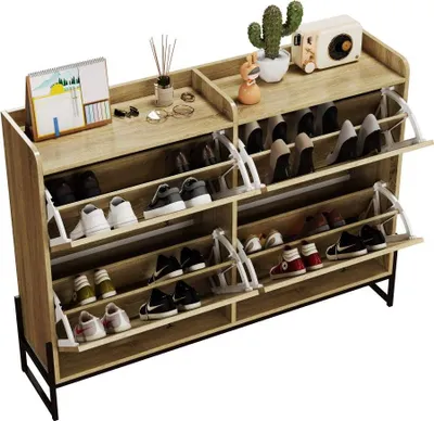 Produktbild von AIORBER Schuhschrank mit 4 Klappen schmal Schuhkipper Aufbewahrungsschrank für Flur und Diele moderner Schuhschrank Holzoptik – Natur