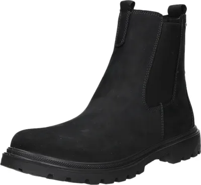 A black Chelsea boot is shown against a white background.