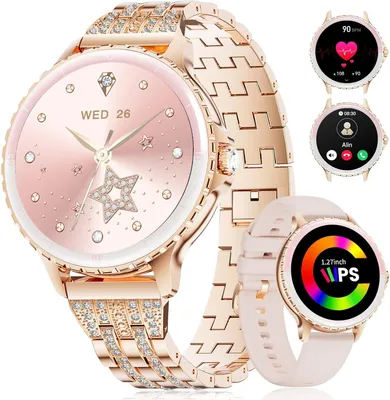 Smartwatch Damen Anruf 1.27" HD Elegant Diamant Frauen für Android iOS,100+Sportmodi,Herzfrequenz, Schlafmonitor, Menstruationszyklus, Kalorien