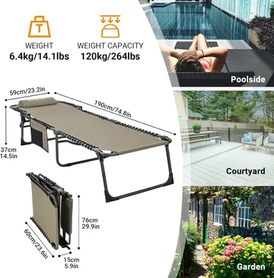 Immagine prodotto di Sedia da campeggio - Set di 2 - Beige - Pieghevole - Regolabile e con cuscino poggiatesta