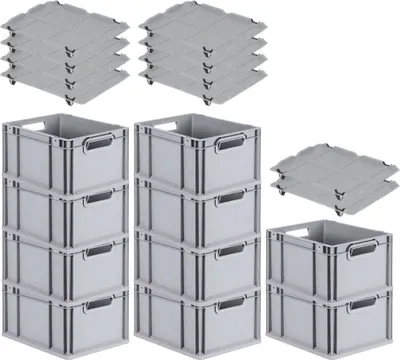 Produktbild von SparSet 10x Eurobox NextGen Economy mit Auflagedeckel und 4x Schiebeschnappverschlüsse Schwarz | Griffe offen | HxBxT 22x30x40cm | 20 Liter | Eurobehälter, Transportbox, Transportbehälter, Stapelbehälter