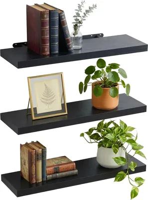 Immagine prodotto di Mensole da parete - Set di 3 - 4 x 100 x 23 cm - Aspetto legno - Metallo - Ideali per soggiorno, ingresso, cucina - Colore nero