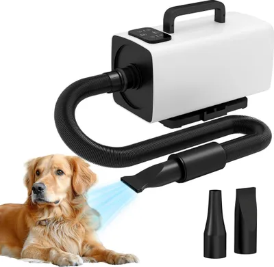 Image de Sèche-cheveux pour chiens - Sèche-cheveux pour chiens - 2200 W - Écran numérique - Vitesse et température réglables - 5 niveaux minimum - 3 buses - Prise UE 210-240 V - Blanc