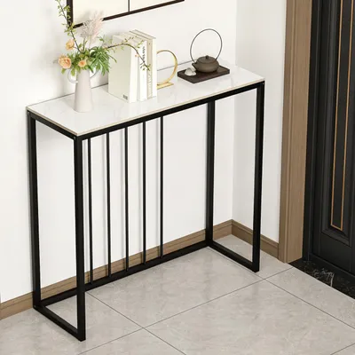 Produktbild von FATIVO Konsolentisch Weiß 80 cm Flurtisch Marmor: Sofatisch Skandinavisch Beistelltisch Modern Eingangstisch mit Schwarz Metallgestell, 80×30×79 cm