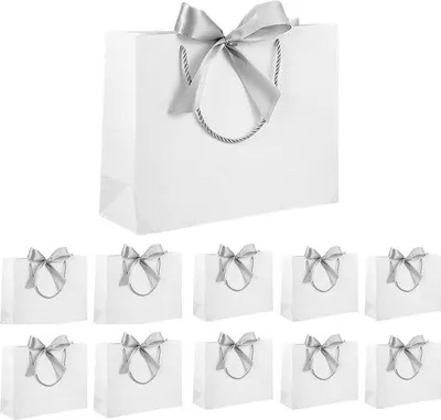 Produktbild von Famanu Geschenktüten mit Schleifen - 10 Stück 40x28x12 cm Weiß