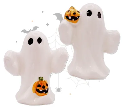 Produktbild von Logbuch-Verlag Geister Figuren 7 cm aus Keramik – 2er Set Halloween-Deko in Weiß mit Kürbis, süße Herbstdeko zum Hinstellen