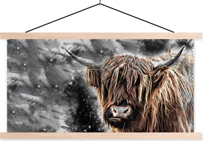 Produktbild von MuchoWow® Textilposter Schottisches Hochlandrind - Tiere - Schwarz 120x60 cm mit holzfarbenen Rahmen - Klemmleiste