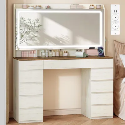 Produktbild von Schminktisch mit HD-Spiegel, LED-Beleuchtung, 3 Farben, Helligkeit einstellbar, 11 Schubladen, Weiß-Braun