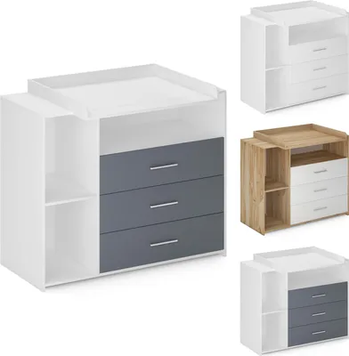 Produktbild von Infantastic® Wickelkommode - Mit Wickelauflage, 3 Schubladen, 3 Fächer, 113x53x101,6 cm, in MDF, Weiß/Grau/Sonoma - Baby Kommode, Wickelregal, Wickeltisch, Wickelschrank mit Wickelaufsatz (Grau-weiß)