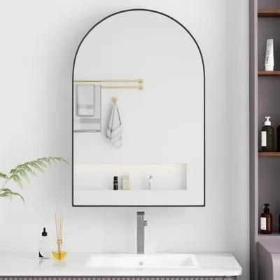 Productafbeelding van Zimilo, elegante spiegelkast met ronde boog, zwart, wandspiegel met metalen frame en verstelbare legplanken, modern badmeubel voor badkamer en slaapkamer