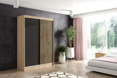 Produktbild von ALTDECOR Kleiderschrank mit Lamel-Schiebetüren, kugelgelagerte Führungsschienen und Aluminium-Leisten - VILO - 150 cm - Sonoma Eiche/Lamelle Eiche Wotan