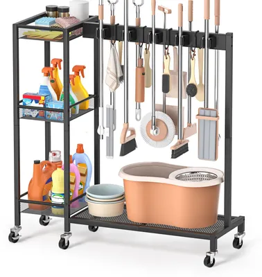 Productafbeelding van Bezemhouder schoonmaakwagen - Schoonmaakorganizer met 3 planken - 30 x 92 cm - Verrijdbaar met 6 wielen