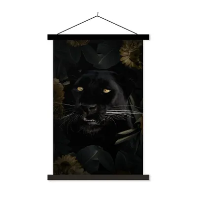 Produktbild von MuchoWow® Textilposter Panther - Schwarz - Blumen 60x90 cm mit schwarzem Rahmen - Poster Wohnzimmer