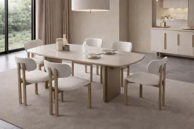 Immagine prodotto di Set da pranzo beige: grande tavolo da pranzo, sedie imbottite, mobili da sala da pranzo