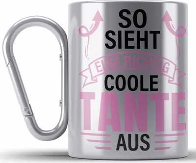 Produktbild von Trendation - Tante Geschenk Edelstahl Tasse Karabiner Lustig So Sieht Eine Richtig Coole Tante Aus Geschenkidee Spruch (Silber)