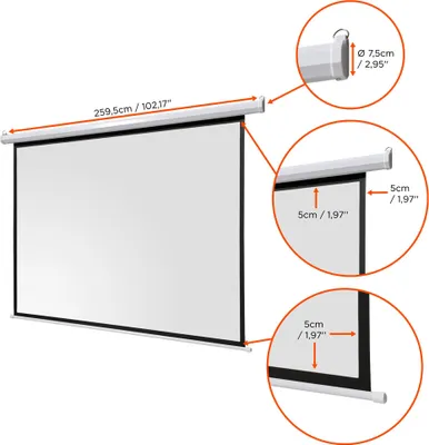 A projection screen with dimensions and close-up views of its components.