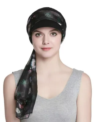 Immagine prodotto di Set composto da berretto e sciarpa da donna, in cotone e fibra di bambù, traspirante. Copricapo per chemioterapia con motivo di rosa nera. Confezione da 2 pezzi