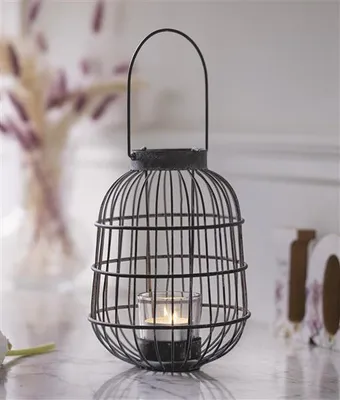 Produktbild von Windlicht "Laterne" aus Metall, grau, weiß gekalkt, Hängelaterne mit Windlichtglas, Gartenlaterne, Kerzenhalter, Gartendeko für Draußen