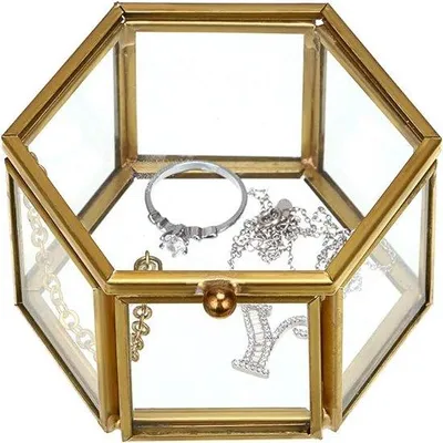 Produktbild von Metallischer Schmuckkasten mit Glas, Schmuckkasten, für Damen-Schmuck, sechseckig (Gold, Silber)