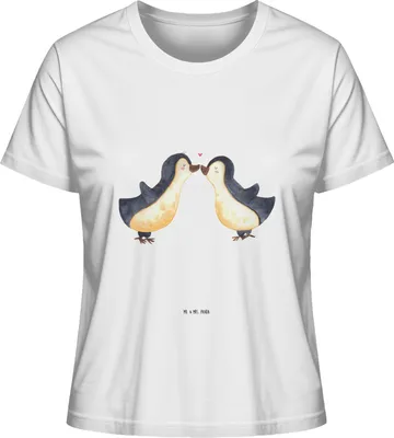 Produktbild von Mr. & Mrs. Panda Damen Oberteil Pinguine Kuss Größe M - Weiß - Geschenk, Freundin, Valentinstag, Jahrestag, Kurzarmshirt, Hochzeitstag, Freund, Basic Shirt, für, T-Shirt