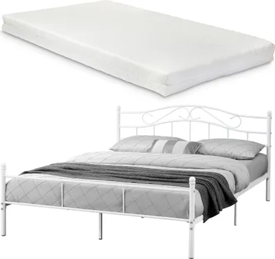 Produktbild von Metallbett mit Matratze 180x200cm Weiß Bett Bettgestell Doppelbett [en.casa]