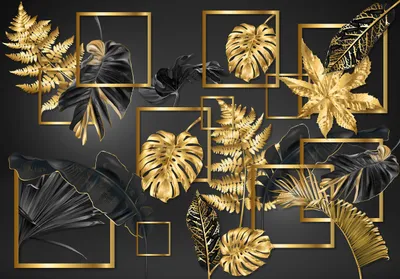 Produktbild von Vlies Fototapete Blätter 3D Abstrakte Geometrische Schwarz Gold (368x254cm - 4 Bahnen) Moderne weiß Wohnzimmer Schlafzimmer Wandtapete Modern Tapete UV-Beständig Montagefertig